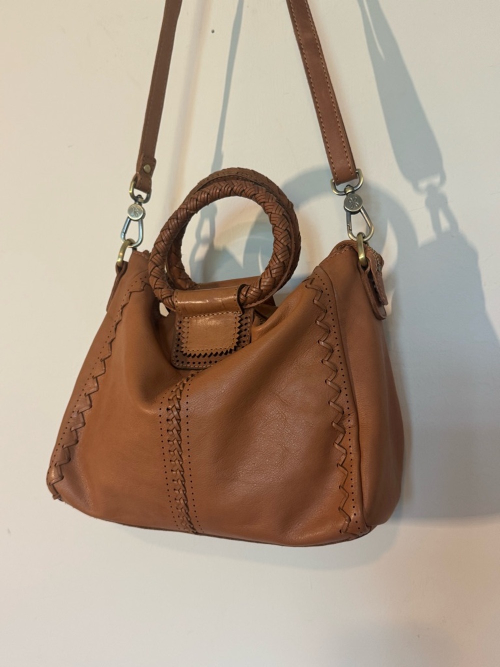 HOBO Cognac Leather Shoulder Bag Woven Handle Crossbody - Picture 3 of 8